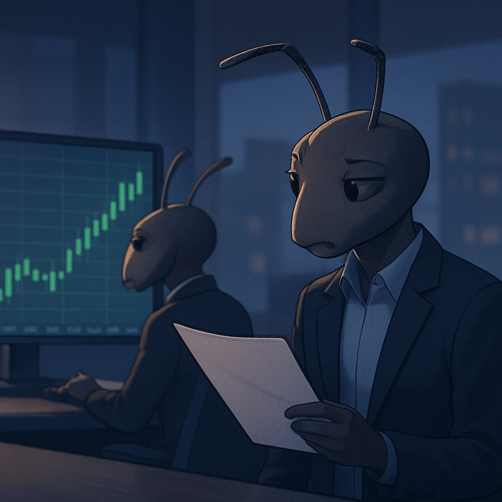 공동 데스크의 두 애널리스트가 한쪽의 녹색 상승 그래프와 다른 쪽의 붉은 하락 그래프를 비교하며, 한국 시장 담당자가 미끄러지는 서류철을 붙잡고 있다.